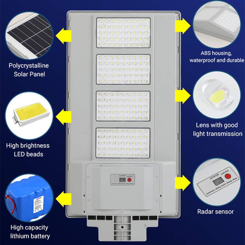 ឧបករណ៍ចាប់សញ្ញាចលនា 100w 200w 300w បន្ទះសូឡាពន្លឺតាមដងផ្លូវ