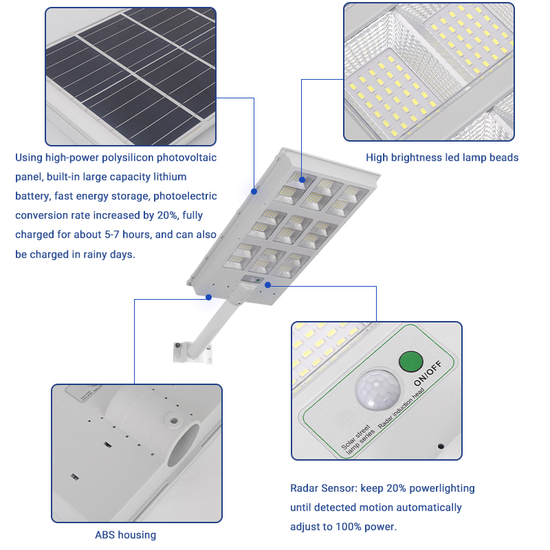 ការសន្សំថាមពលប្រផេះ 100w 200w 300w រួមបញ្ចូលគ្នានូវពន្លឺផ្លូវពន្លឺព្រះអាទិត្យ